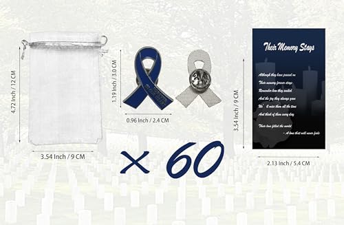 Image of 60 Set Funeral Ribbon Pins Memorial Pin Forever in Our Hearts Lapel Pin Remembrance Brooch with Prayer Cards & Organza Bags