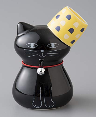 Okura 磁器猫酒セット 1カップ 40cc & 1猫型 デカンタ 270ml - 黒猫と黄カップ 200086
