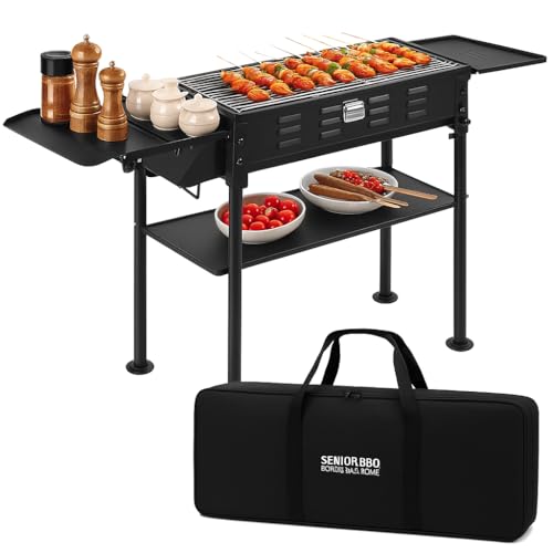 comzenz 35’’ Portable Charcoal Grill Folding BBQ Grill for Outdoor Grilling Cooking Camping Hiking Picnics Tailgating Backpacking Party, With Storage Bag & Non-Stick Frying Pan, Matte Black