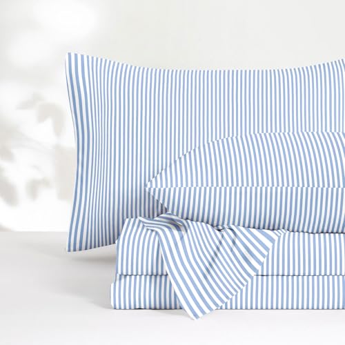 Image of Wake In Cloud - Striped Bed Sheets, 4-Piece Sheet Set, Ticking Vertical Pin Stripe Modern Farmhouse Pattern Printed Bedding, Deep Pocket, Blue White, King Size