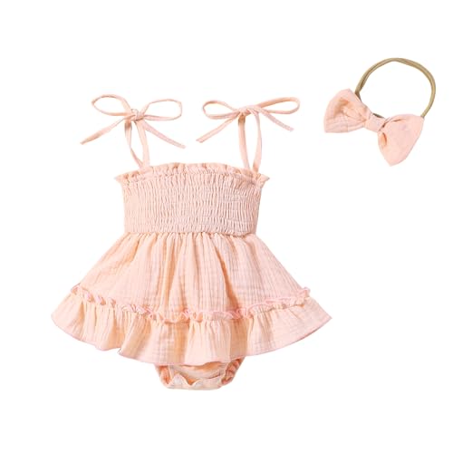 Image of MIEKISA Baby Girls' Pink and White Smocked Romper Dress with Headband