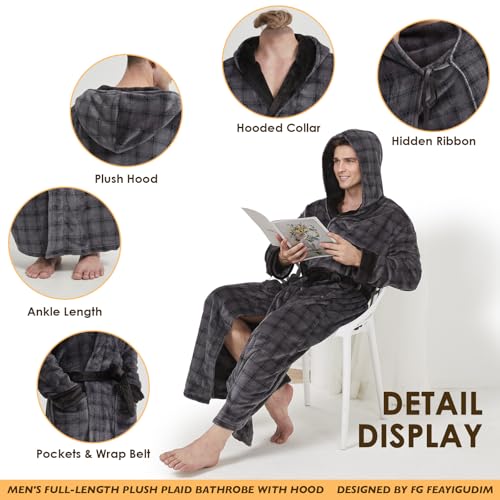 Mens Plush Plaid Hooded Robe, Full Length Fleece Big and Tall Bathrobe with Hood3