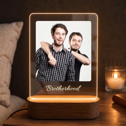 Image of Giftplease Personalized Photo Night Light, Custom Acrylic LED Lamp with Wooden Base, Engraved Picture Light Frame with Text, Heartfelt Brotherhood Friend Gift for Birthday, Rakhi, Christmas