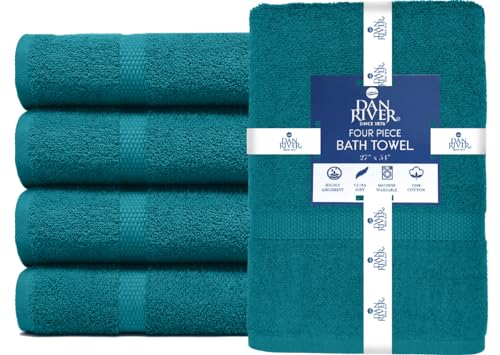 Image of DAN RIVER Bath Towels Set of 4, 27 x 54 Inches, 100% Cotton, Larger & Lighter Weight, Quicker to Dry, Super Soft and Absorbent, Ideal Luxury Bath Towels for Daily Use, Teal