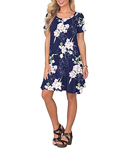 Wneedu Women's Summer Casual T Shirt Dresses Short Sleeve Swing Dress With Pockets (2Xl, Floral Navy Blue) #TOP2