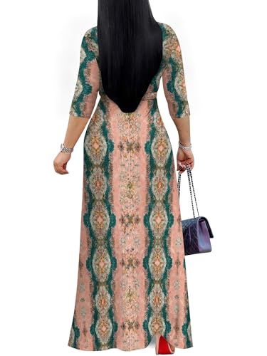 Image of PinkPatty Plus Size Maxi Dress for Women Casual V Neck 3 /4 Sleeve Boho Printed Long Dress with Pockets