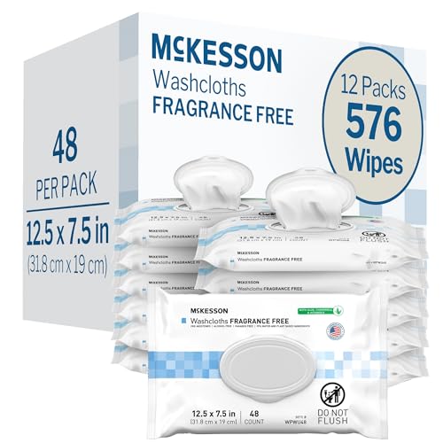 Image of McKesson Washcloth Wipes, Unscented - Disposable Wet Wipes for Adults - Fragrance-Free, Paraben-Free - No-Rinse Formula, 48 Count, 12 Packs, 576 Total