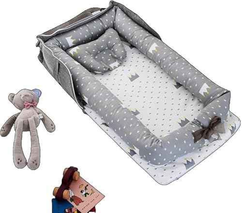 AZIEBAY 新生児用折りたたみベビーベッド|コットン製・枕付き|通気性&洗濯可能|添い寝対応ポータブルベッド|0?24ヶ月用ベビーネスト|多機能シェーピングピロー付き|ベビーギフトに最適