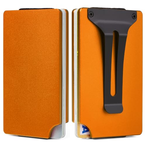 Image of Minimalist Wallet for Men, Slim Metal RFID Blocking Wallet Credit Card Holder Money Clip & Cash Strap, Scratch-Resistant Holds 15 Cards,Ideal Gift for Men | Matte Orange