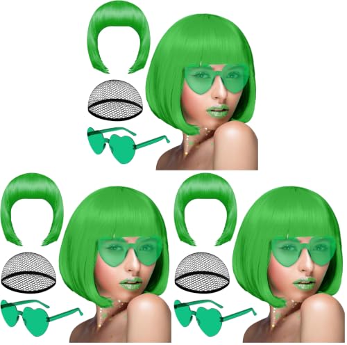Image of PLULON Dark Green Bob Wig and Sunglass Set, Neon Short Bob Wig Sunglass Pack Costume Colorful Cosplay Wig Hairpieces for Bachelorette Neon Party Favors, Halloween Decorations (Pack of 3)
