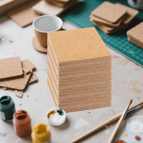 JIEHIN 200 Stück 10x10 cm Korkplatte Quadratisch, 1mm Dick Korkplatten Selbstklebend, Korkmatte für DIY Kork Untersetzer, Tischdekoration, Wanddekoration