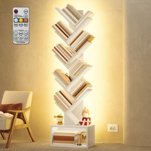Image of Hoctieon 9 Tier Tree Bookshelf, Tall Bookcase, Freestanding Book Shelf with LED Lights, Display Floor Standing Storage Shelf, Book Organizer Shelves for Home Office, Living Room, White