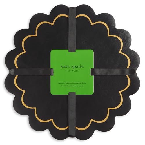 Image of kate spade new york Scallop Edge Round Reversible Placemats 6-Pack Set, Imitation Leather with Metallic Print, Water Resistant, Easy Wipe Clean, Black /Gold, 15 inch Round