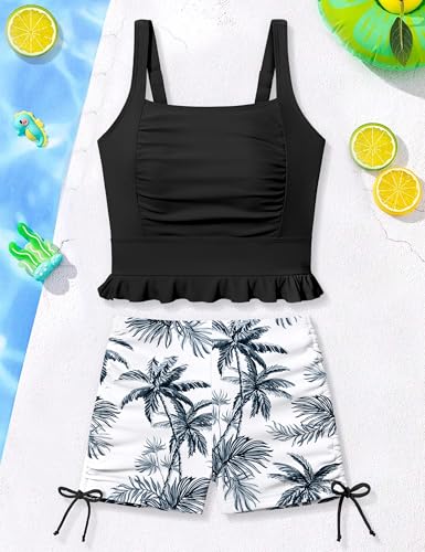 Image of Girls Swimsuit Two Piece Bathing Suit Ruffle Trim Swimsuits for Girls Tankini with Drawstring Shorts Swimwear 9-18Y
