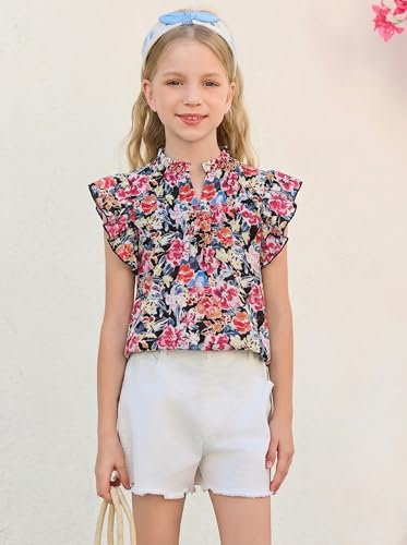 Image of Haloumoning Girls Ruffle Short Sleeve Floral Chiffon Blouses Kids Summer Shirts Tops 5-14 Years