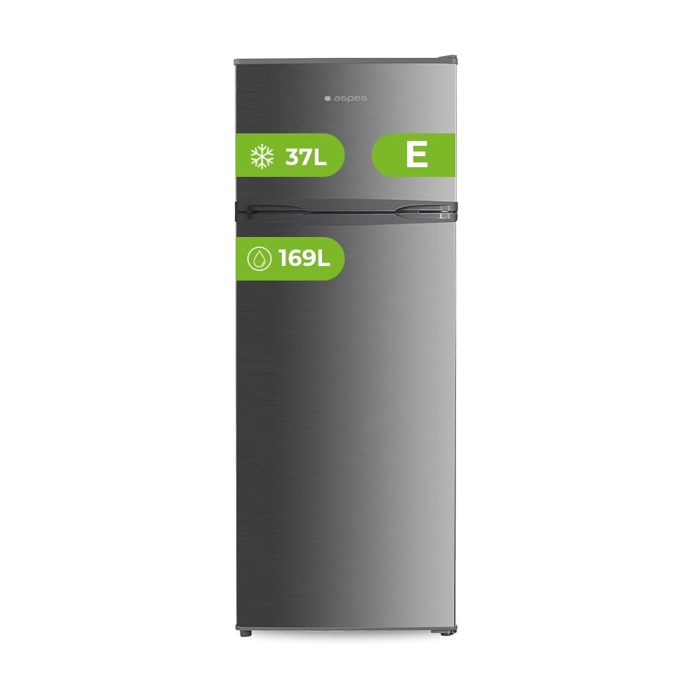 Aspes Frigorífico Estandar Inox, 2 Puertas AF145503EX, Capacidad 206 Litros, Cíclica, Bajo Nivel Sonoro, Puerta Reversible, Clasificación Energética E