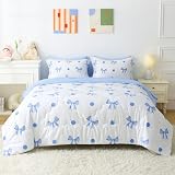 Wajade 7 Piece Blue Bow Comforter Set for Girls Kids Twin Size Bedding Set with Sheet and 2 Pillowcases 2 Pillow Shams Cute Girls Bed in a Bag as Birthday Choice