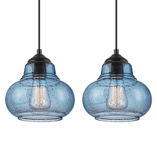 ELYONA 2 Pack Bubble Glass Pendant Lights 8 inch Modern Blue Hand Blown Globe Glass Pendant...