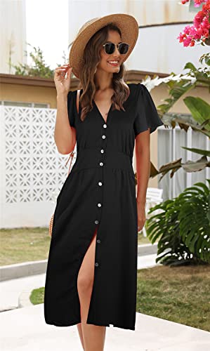ROYLAMP Women's Floral Button Up Split Dress Deep V Short Bell Sleeve Casual Midi Dress with Pockets2