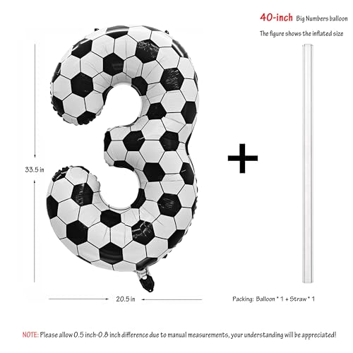 Image of Black White Soccer Number 3 Balloon 3nd Birthday Decoration 40in 3 Balloon | Helium Foil Mylar Balloon World Cup Football Sports Theme Favors for Birthday Party Anniversary Decorations Supplies