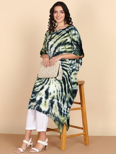 Image of Maaesa Women Handcrafted Tie & Dye Rayon Crepe Kaftan Dress | Casual Wear | Flowy Kaftan Style | Lightweight & Breathable Fabric