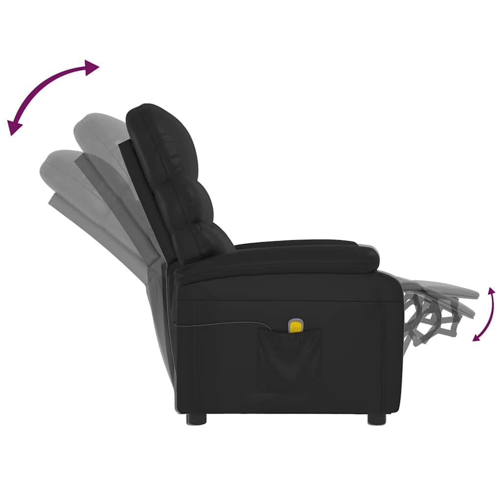 Poltrona massaggiante nera in ecopelle, poltrona relax con massaggio vibrante a 6 punti, schienale e poggiapiedi regolabili manualmente, funzionamento USB, tasca laterale, portata 110 kg, per