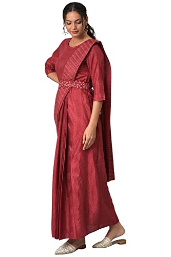 Image of W for Woman Women Maroon Maxi Insta Saree Dress with Embroidered Belt