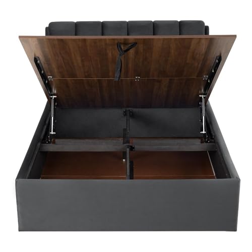 Image of Wakefit Bed | Queen (78 X 60) Solid Wood Bed, Upholstered, Hydraulic, 3 Year Warranty - Antho - Velvet Space Grey
