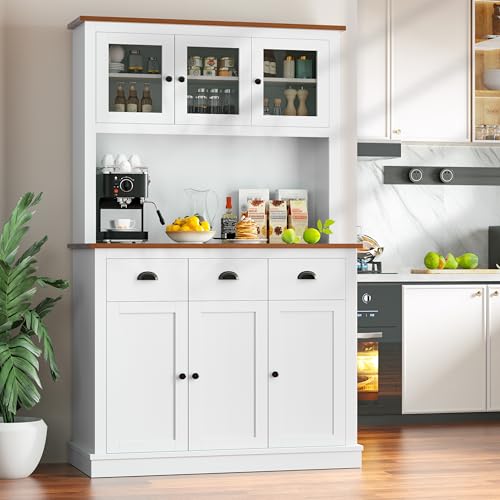 Image of MU 71 inch Kitchen Pantry Cabinet with Charging Station, Tall Pantry Hutch with Drawers, Countertop & Microwave Shelf, Food Storage Cabinet for Dining Room & Coffee Bar, White