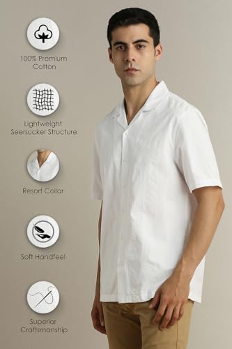 Image of Peter England Men's Casual Half Sleeve Resort Collar Shirt in 100% Cotton Seersucker with Striped Design