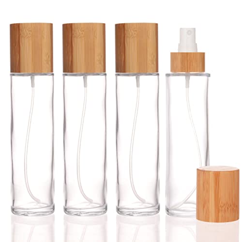 COSIDEA 4 pcs Empty 4oz /120ml bamboo lid clear glass spray bottle with fine mist despenser head for liquid perfume toiletries containers, toner bottles