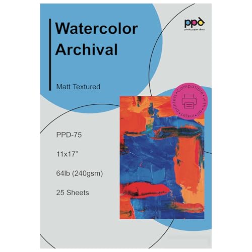 PPD Watercolor Printer Paper, 11 x 17 inches, 25 Sheets, Heavy 240 gsm/60 lb, Textured, Acid-Free, Compatible with Inkjet Printers