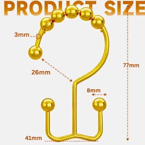 Shower Curtain Hooks Rings Gold, Rust Proof Stainless Steel Easy Glide Shower Curtain Rings, Double Sided Shower Hooks Rings for Bathroom Shower Rods Curtains, Set of 12 Hooks - Gold by Generic - Image 2