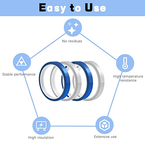 HTVRONT Hitzebeständiges Klebeband - Wärmebänder 4 Rollen 10mm*33m(108 ft), Thermo Klebeband für Wärmepresse, Sublimation für Elektronik Druck DIY Handwerk (Blaue Wärmebänder)