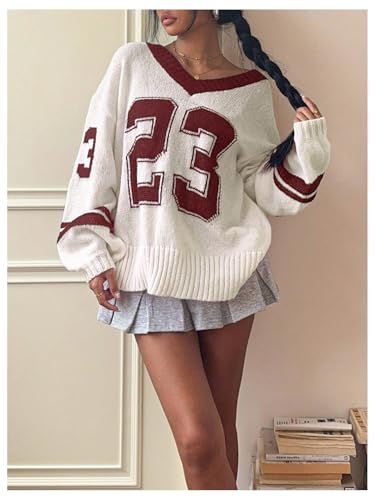 Women's Y2K Sweaters Letter Print Oversized Sweaters Long Sleeve V Neck Pullover Sweater Jumper Top Knit Jersey Shirt3