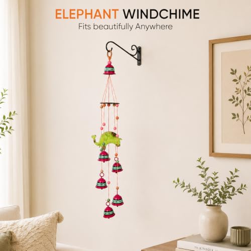 Image of Aakriti Art Creations Elephant Wind Chime with 5 Metal Bells | Handmade Modern Art Wooden & Metal Wind Chime | Outdoor & Indoor Decorative Wind Chimes for Balcony, Garden, Living Room & Gifting