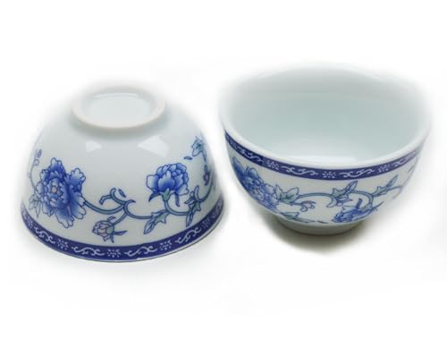 Image of Liang baobao Chinese Traditional Tea Tasting Cup Set of 4, 2oz White Porcelain Mini Cups for Gongfu Tea Ceremony (Blue and White Peony)