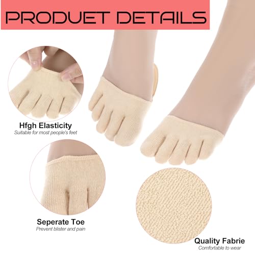 6 Pairs Toe Topper Socks Women, Invisible Toe Socks for Women, Non-Slip Five Toes Forefoot Pads, Half Sock for Heels to Relief Pain (Black and Light Khaki)3