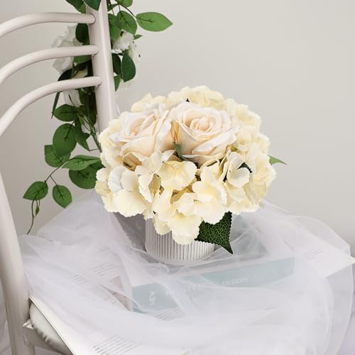 DIYDOFUN Flower Table Centerpieces - Floral Arrangement Artificial Wedding Hydrangeas Floral Arrangement with Rustic Metal Vase for Bridal Tea Party Event Decorations - Image 5