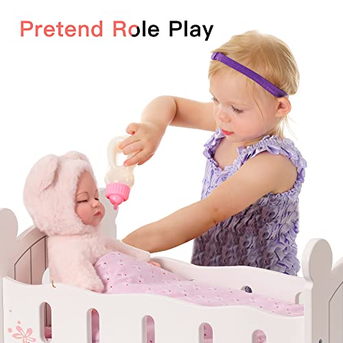 image for ROBUD Baby Doll Crib Wooden Doll Cradle with Bedding Doll Rocking Crad