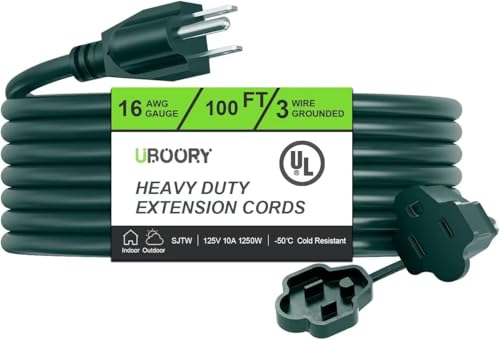Outdoor Extension Cord Waterproof 100 FT Green 16/3 SJTW Heavy Duty Flexible 100% Copper 3 Prong Extension Cord for Lawn Garage UL Listed