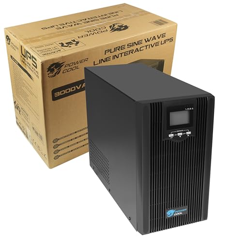 Powercool 3000VA2 Smart UPS Battery Backup – 2400W Pure Sine Wave Line-Interactive UPS with AVR, DSP Control, ECO Mode, USB/RS-232, RJ45 Surge Protection, 2× UK + 3× IEC Outlets | 4× 12V 9Ah Batteries