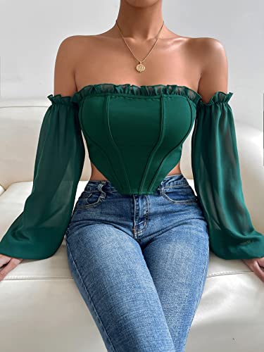 Floerns Women's Off Shoulder Frill Trim Long Sleeve Asymmetrical Hem Corset Crop Top Blouse Green M #TOP2