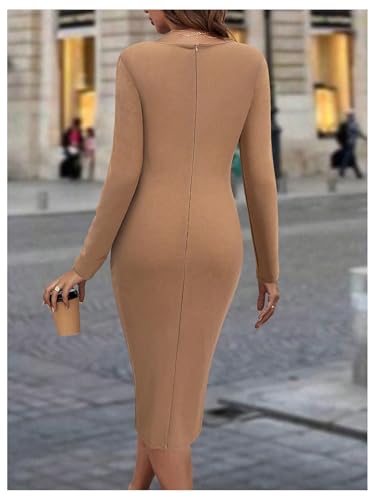 Image of SOLY HUX Women's Patchwork Leather Zipper Dress Crew Neck Long Sleeve Split Hem Elegant Bodycon Dress