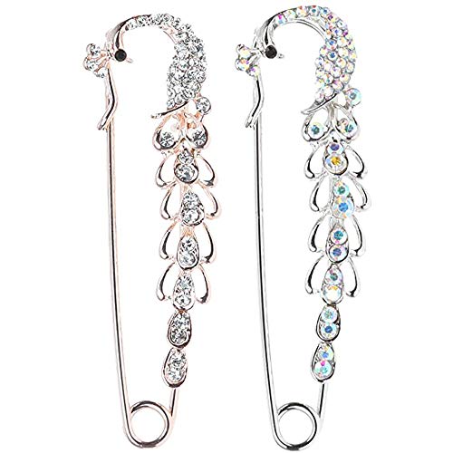 POFET Lot de 2 épingles à nourrice en forme de paon en cristal pour femme - Doré et argenté