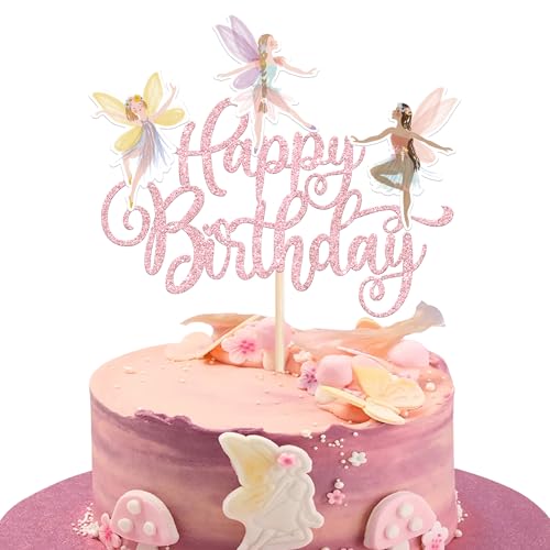 Rsstarxi 1 Pack Fairy Happy Birthday Cake Topper Glitter Garden Floral Fairies Cake Pick for Fairy Theme Happy Birthday Baby Shower Party Cake Decorations Supplies Pink