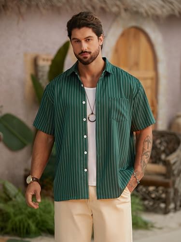 Hardaddy Men's Casual Striped Shirts Button Down Short Sleeve Blouse Summer Hawaiian Shirt3