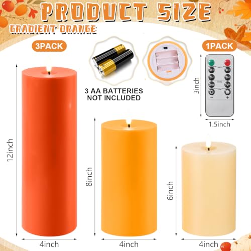 Image of Retisee 3 Pcs Fall 6 /8 /12 Inches Flameless LED Candles with Remote and 2 /4 /8h Timer Yellow Cream Orange Battery Electronic Wax Flickering Candles for Autumn Home Decor, Table Cozy Seasonal Gatherings