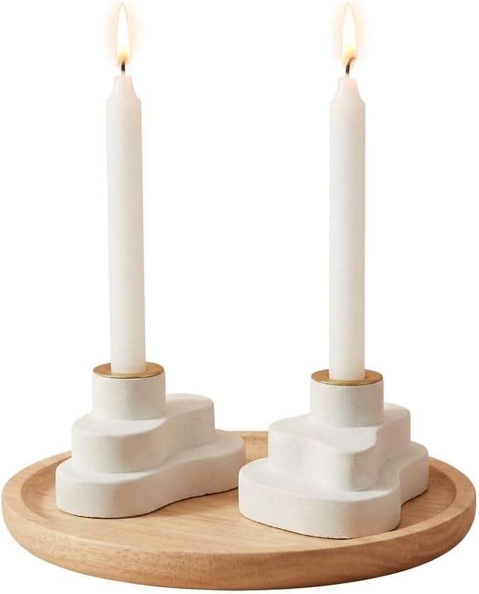 Judaica Candlestick Holders Set of 2, Handmade in Jerusalem, Gold or Silver Insert, Shabbat or Star of David Design, Modern Jerusalem Stone Home Decor (Golden 2 Shabbat)