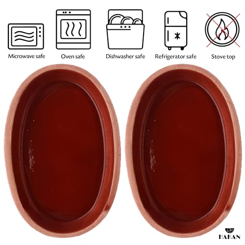 Handmade Oval Clay Pan Set of 2, Terracotta Pots for Cooking Fishes, Meat, Vegetables, Traditional Earthenware Portuguese Pottery Cookware, Glazed Inside (LARGE 6.2 x 11.3 in)